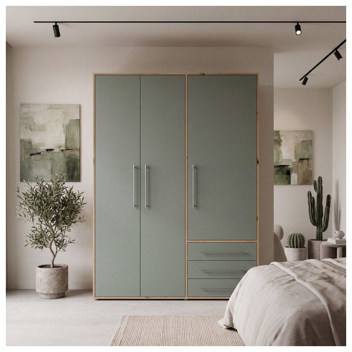 Armoire de chambre - MOKKARO - Décor Vert Sauge et chene - 3 portes battantes - 3 tiroirs - L145 x P53 x H200 cm