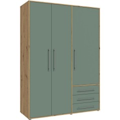Armoire de chambre - MOKKARO - Décor Vert Sauge et chene - 3 portes battantes - 3 tiroirs - L145 x P53 x H200 cm