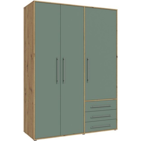 Armoire de chambre - MOKKARO - Décor Vert Sauge et chene - 3 portes battantes - 3 tiroirs - L145 x P53 x H200 cm