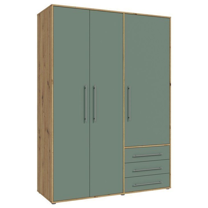Armoire de chambre - MOKKARO - Décor Vert Sauge et chene - 3 portes battantes - 3 tiroirs - L145 x P53 x H200 cm