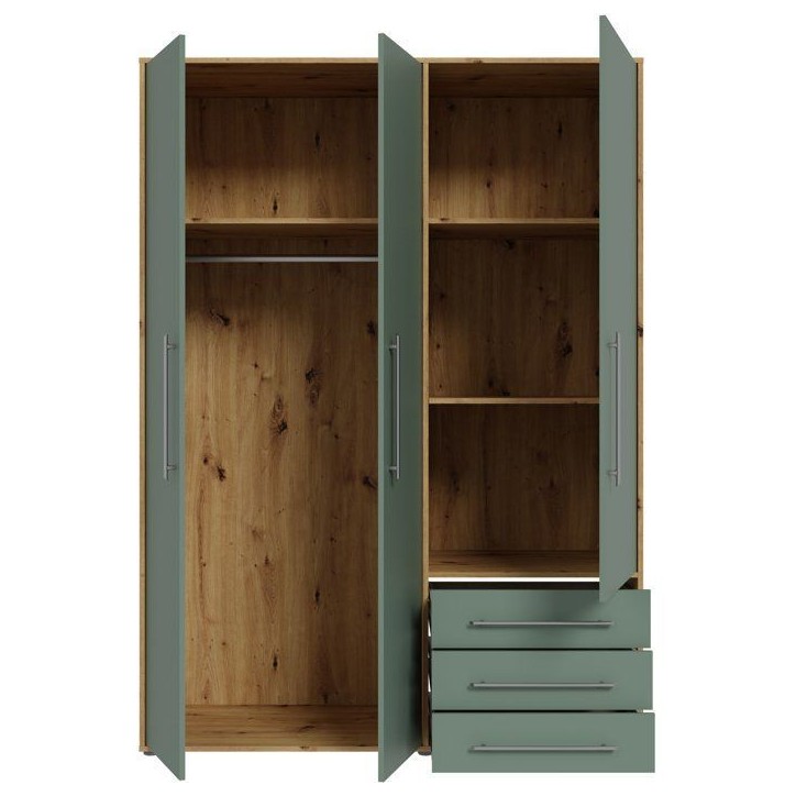 Armoire de chambre - MOKKARO - Décor Vert Sauge et chene - 3 portes battantes - 3 tiroirs - L145 x P53 x H200 cm