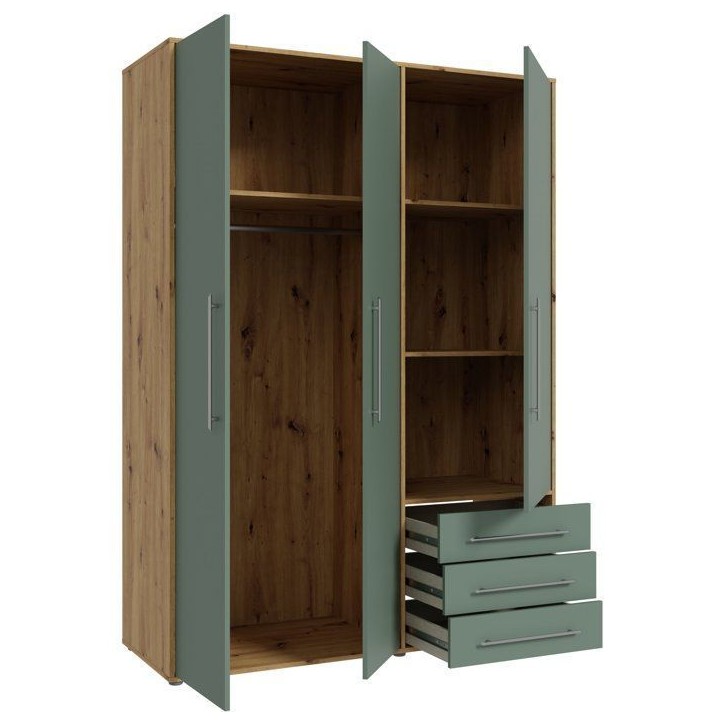 Armoire de chambre - MOKKARO - Décor Vert Sauge et chene - 3 portes battantes - 3 tiroirs - L145 x P53 x H200 cm
