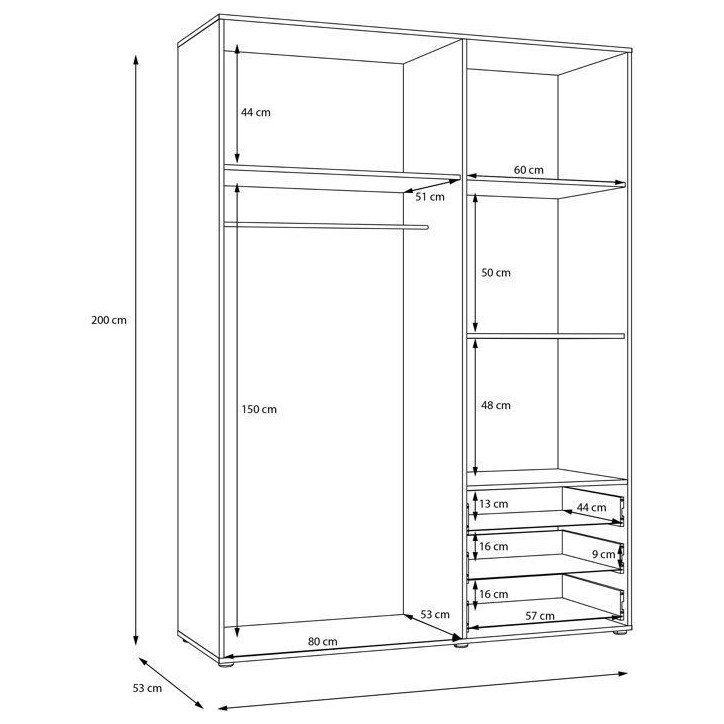 Armoire de chambre - MOKKARO - Décor Vert Sauge et chene - 3 portes battantes - 3 tiroirs - L145 x P53 x H200 cm