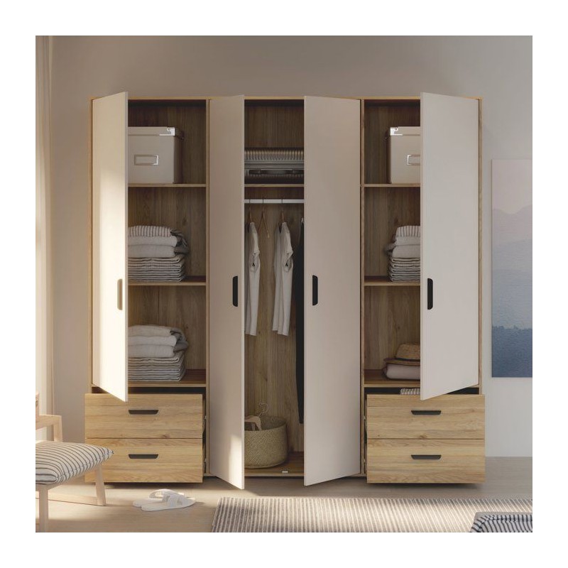Armoire de chambre - MOKKARO - Décor Chene et sable - 4 portes battan