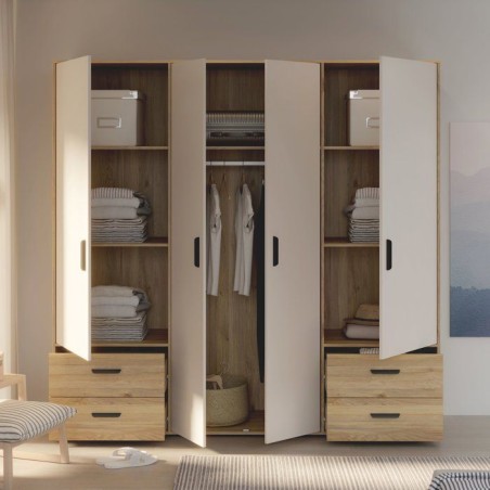 Armoire de chambre - MOKKARO - Décor Chene et sable - 4 portes battan