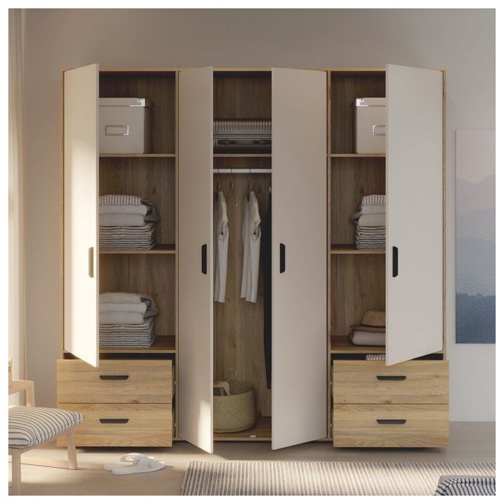 Armoire de chambre - MOKKARO - Décor Chene et sable - 4 portes battantes - 4 tiroirs - L206 x P53 x H201 cm Armoire de chambre - MOKKARO - Décor Chene et sable - 4 portes battantes - 4 tiroirs - L206 x P53 x H201 cm
