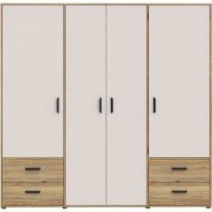 Armoire de chambre - MOKKARO - Décor Chene et sable - 4 portes battantes - 4 tiroirs - L206 x P53 x H201 cm