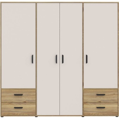 Armoire de chambre - MOKKARO - Décor Chene et sable - 4 portes battantes - 4 tiroirs - L206 x P53 x H201 cm