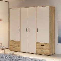 Armoire de chambre - MOKKARO - Décor Chene et sable - 4 portes battan