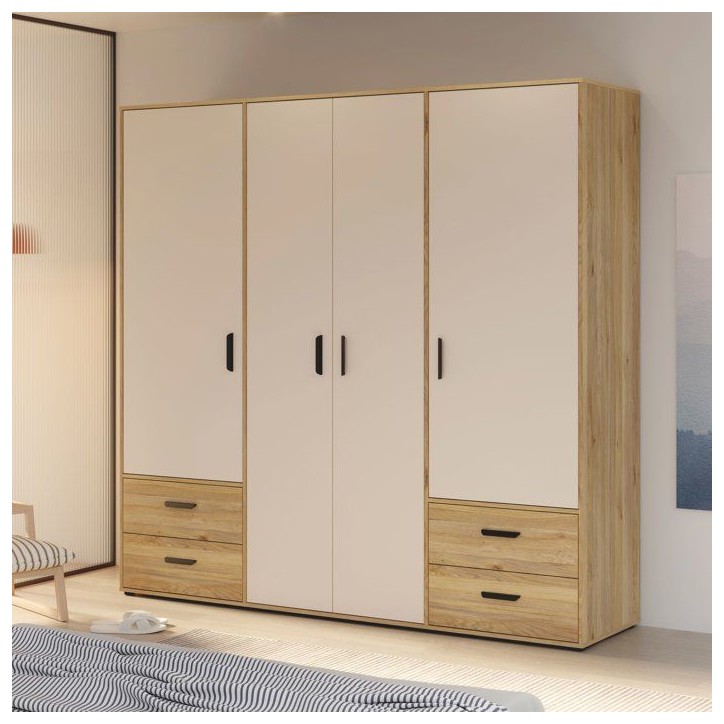 Armoire de chambre - MOKKARO - Décor Chene et sable - 4 portes battantes - 4 tiroirs - L206 x P53 x H201 cm Armoire de chambre - MOKKARO - Décor Chene et sable - 4 portes battantes - 4 tiroirs - L206 x P53 x H201 cm