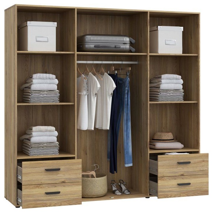 Armoire de chambre - MOKKARO - Décor Chene et sable - 4 portes battantes - 4 tiroirs - L206 x P53 x H201 cm Armoire de chambre - MOKKARO - Décor Chene et sable - 4 portes battantes - 4 tiroirs - L206 x P53 x H201 cm