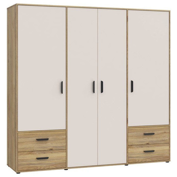 Armoire de chambre - MOKKARO - Décor Chene et sable - 4 portes battantes - 4 tiroirs - L206 x P53 x H201 cm Armoire de chambre - MOKKARO - Décor Chene et sable - 4 portes battantes - 4 tiroirs - L206 x P53 x H201 cm