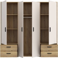 Armoire de chambre - MOKKARO - Décor Chene et sable - 4 portes battan