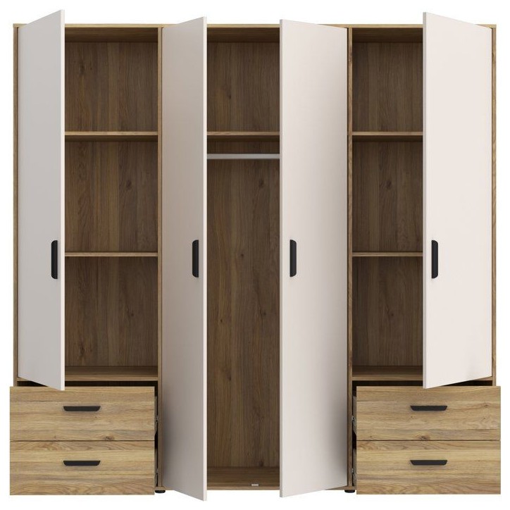 Armoire de chambre - MOKKARO - Décor Chene et sable - 4 portes battantes - 4 tiroirs - L206 x P53 x H201 cm Armoire de chambre - MOKKARO - Décor Chene et sable - 4 portes battantes - 4 tiroirs - L206 x P53 x H201 cm