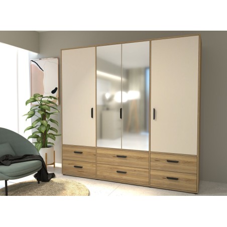 Armoire de chambre - MOKKARO - Décor Chene et sable - 4 portes battan