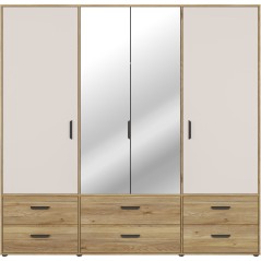 Armoire de chambre - MOKKARO - Décor Chene et sable - 4 portes battantes - 6 tiroirs - 2 miroirs - L205,9 x P52,7 x H200cm