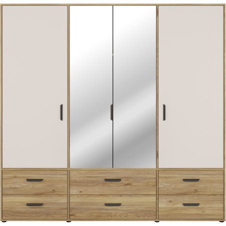 Armoire de chambre - MOKKARO - Décor Chene et sable - 4 portes battantes - 6 tiroirs - 2 miroirs - L205,9 x P52,7 x H200cm