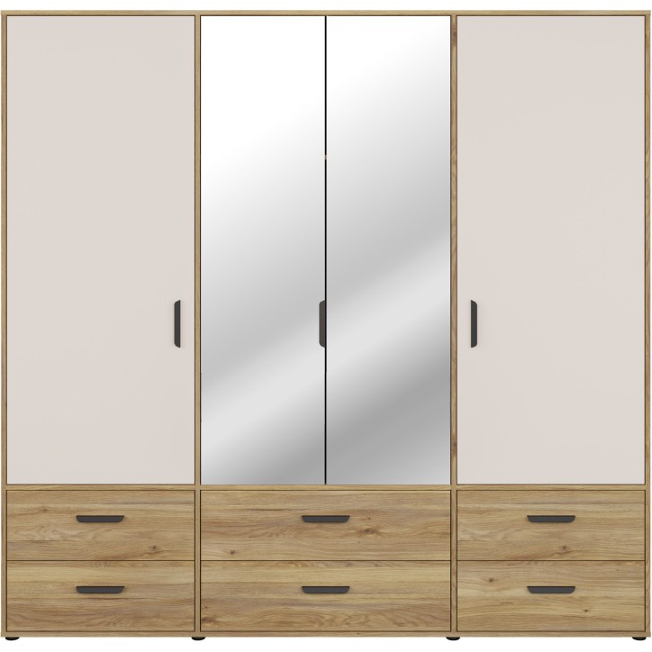 Armoire de chambre - MOKKARO - Décor Chene et sable - 4 portes battantes - 6 tiroirs - 2 miroirs - L205,9 x P52,7 x H200cm