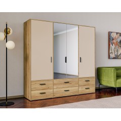 Armoire de chambre - MOKKARO - Décor Chene et sable - 4 portes battan