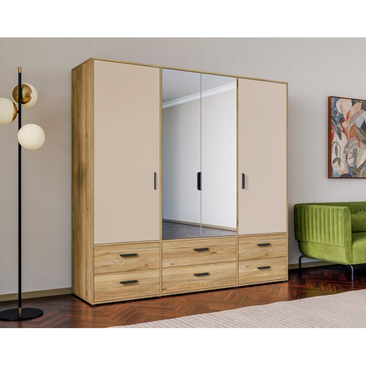 Armoire de chambre - MOKKARO - Décor Chene et sable - 4 portes battantes - 6 tiroirs - 2 miroirs - L205,9 x P52,7 x H200cm