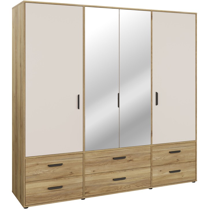 Armoire de chambre - MOKKARO - Décor Chene et sable - 4 portes battantes - 6 tiroirs - 2 miroirs - L205,9 x P52,7 x H200cm