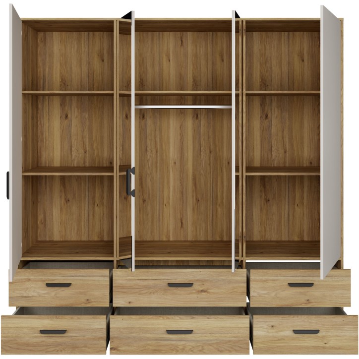 Armoire de chambre - MOKKARO - Décor Chene et sable - 4 portes battantes - 6 tiroirs - 2 miroirs - L205,9 x P52,7 x H200cm