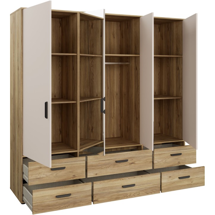 Armoire de chambre - MOKKARO - Décor Chene et sable - 4 portes battantes - 6 tiroirs - 2 miroirs - L205,9 x P52,7 x H200cm