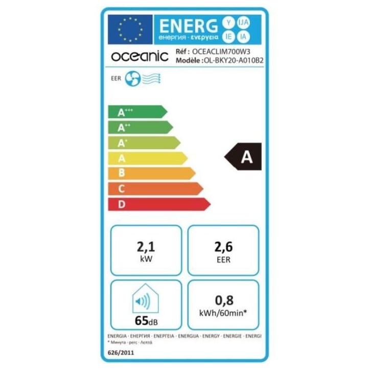 Climatiseur mobile OCEANIC - 7000 BTU - 2050W - Déshumidificateur - Programmable - Classe énergétique A - Monobloc - Kit de f Climatiseur mobile OCEANIC - 7000 BTU - 2050W - Déshumidificateur - Programmable - Classe énergétique A - Monobloc - Kit de f