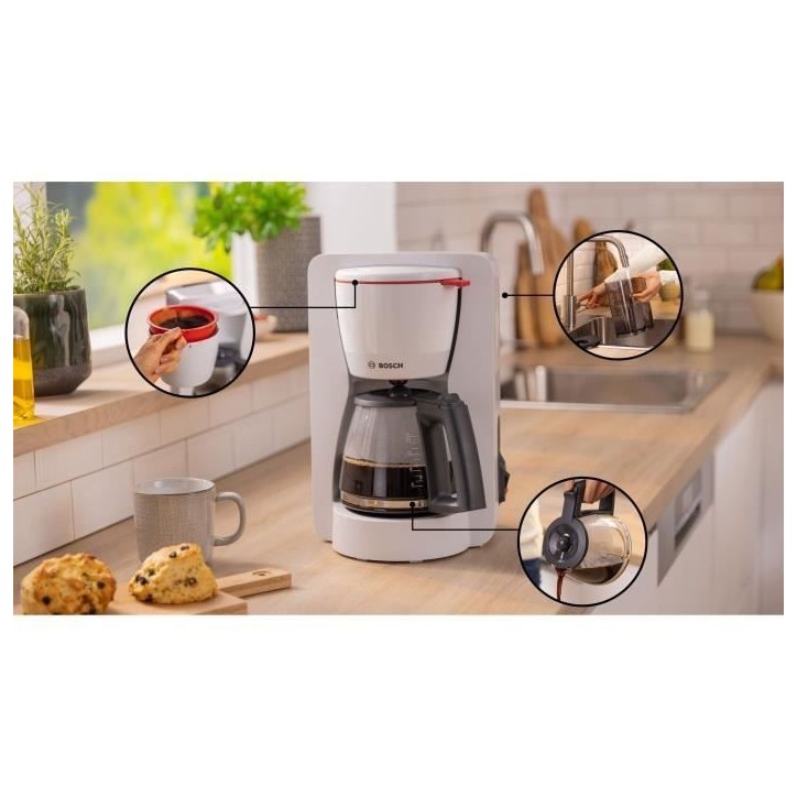 Cafetiere Filtre - BOSCH - TKA2M111 MyMoment - Blanche - Capacité 1,25L - verseuse verre - systeme anti-gouttes Cafetiere Filtre - BOSCH - TKA2M111 MyMoment - Blanche - Capacité 1,25L - verseuse verre - systeme anti-gouttes
