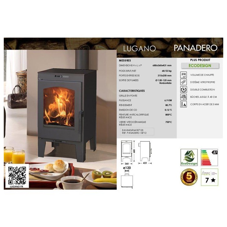 Poele a bois - PANADERO - Lugano Ecodesign - 6,9 kW - 210 m³ - Bûches jusqu'a 40 cm - Double combustion Poele a bois - PANADERO - Lugano Ecodesign - 6,9 kW - 210 m³ - Bûches jusqu'a 40 cm - Double combustion