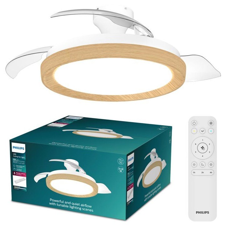 Ventilateur de plafond - Philips - Bliss - Pales rétractables - Diametre 106 cm -Bois - LED intégrée + télécommande Ventilateur de plafond - Philips - Bliss - Pales rétractables - Diametre 106 cm -Bois - LED intégrée + télécommande