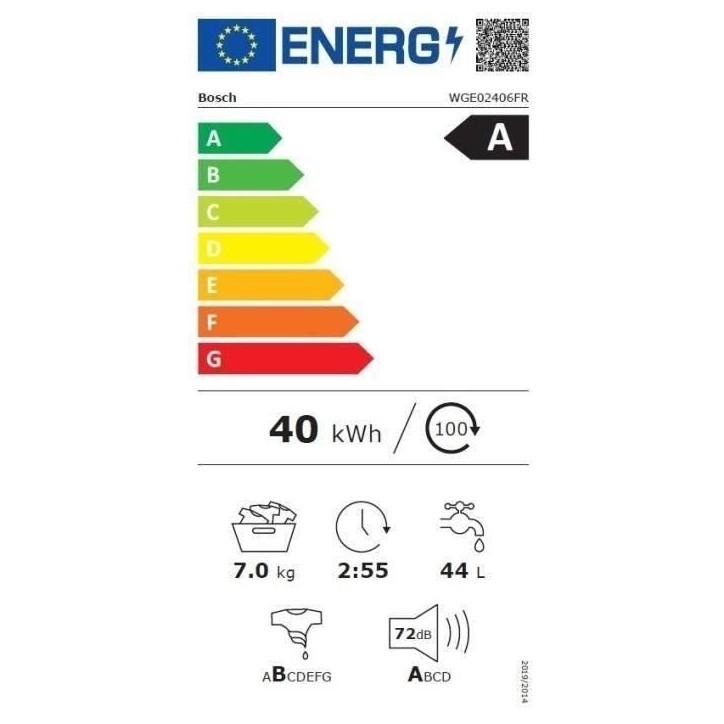Lave-linge hublot BOSCH WGE02406FR SER2 - 7 kg - Induction - L60cm - 1400 trs/min - Classe A - Blanc Lave-linge hublot BOSCH WGE02406FR SER2 - 7 kg - Induction - L60cm - 1400 trs/min - Classe A - Blanc