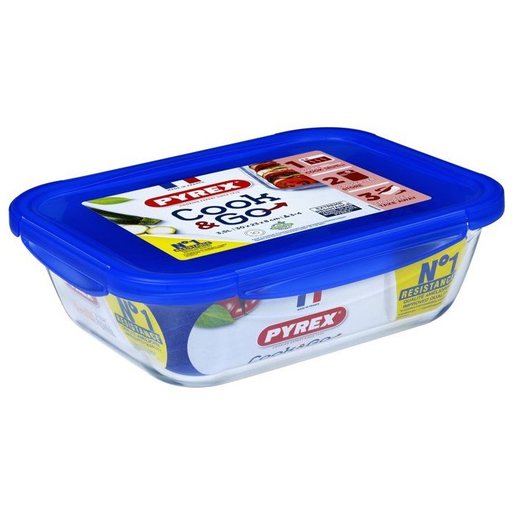 Boîtes de conservation rectangulaires - PYREX - Cook & Go - Lot de 3 - Verre borosilicate - Couvercles étanches