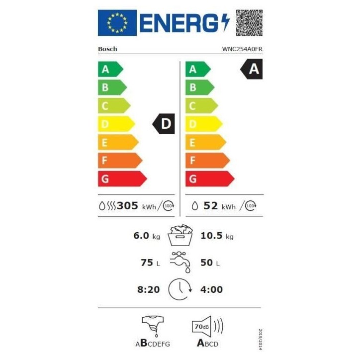 Lave-linge séchant BOSCH WNC254A0FR SER8 - 10,5 / 6 kg - Induction - L60cm - 1400 trs/min - Idos - Blanc Lave-linge séchant BOSCH WNC254A0FR SER8 - 10,5 / 6 kg - Induction - L60cm - 1400 trs/min - Idos - Blanc