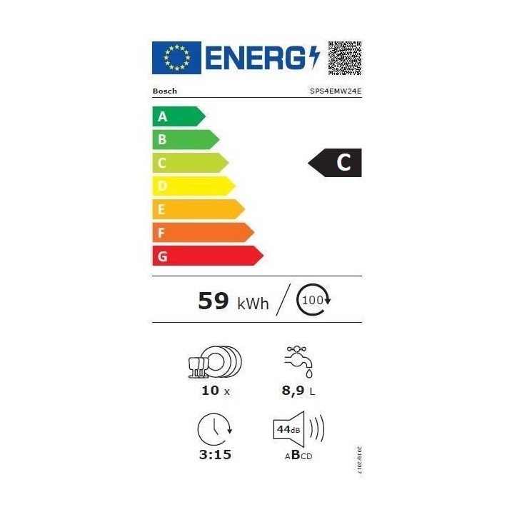 Lave-vaisselle pose libre BOSCH SPS4EMW24E SER4 - 10 couverts - Induction - L45cm - 44 dB - Classe C - tiroir a couverts - Blanc Lave-vaisselle pose libre BOSCH SPS4EMW24E SER4 - 10 couverts - Induction - L45cm - 44 dB - Classe C - tiroir a couverts - Blanc
