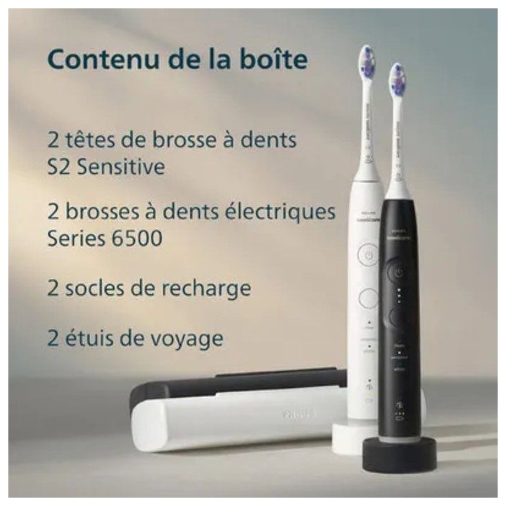 Brosse a dents électrique sonique double manche - PHILIPS - HX7419/01 - Série 6500 - blanc et noir - Bluetooth