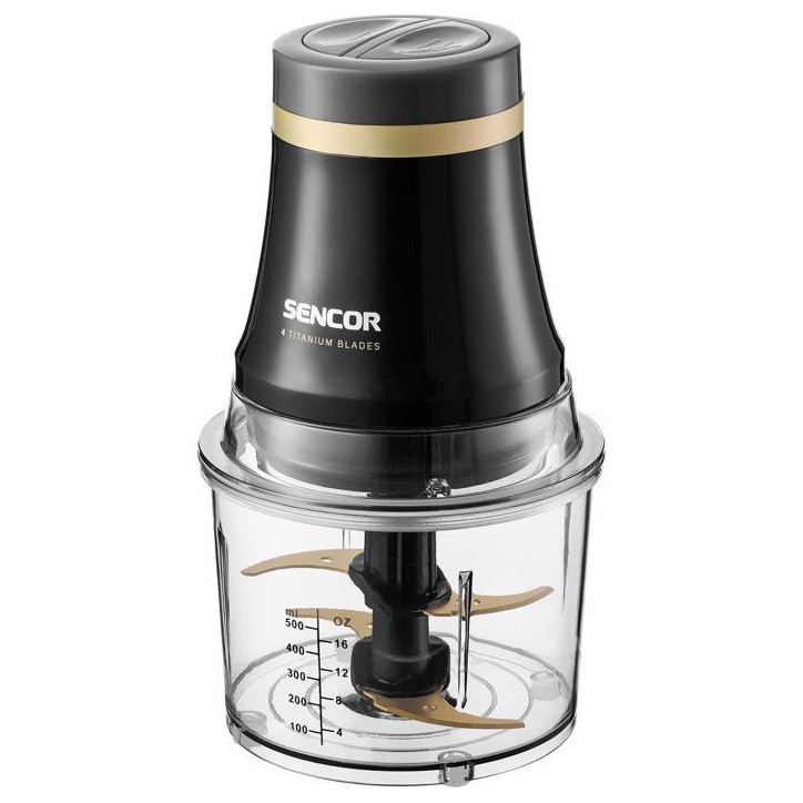 Hachoir électrique Sencor SCB 4000BK - Hacher et fouetter - 4 lames titane doré - Bol 1 L - Anti-éclaboussures - Noir