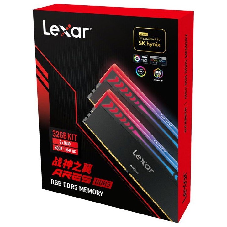 Barrette Mémoire - LEXAR Ares - DDR5 8000 - CL38 1.45 V - 32 Go (2x 16 Go) - Dissipateur thermique + RGB - Noir Barrette Mémoire - LEXAR Ares - DDR5 8000 - CL38 1.45 V - 32 Go (2x 16 Go) - Dissipateur thermique + RGB - Noir