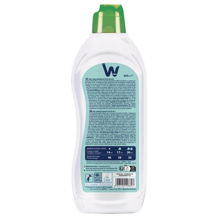 Gel lave-vaisselle - WPRO - NGE100 - Ecolabel - Détergent complet - 650 ml