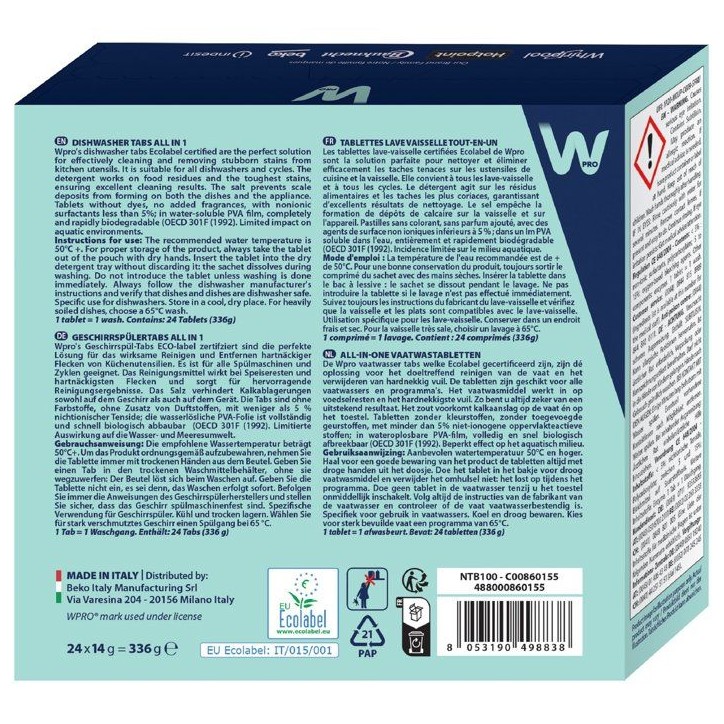 Tablettes lave-vaisselle - WPRO - NTB100 - Ecolabel - Multi-fonctions - 24 doses