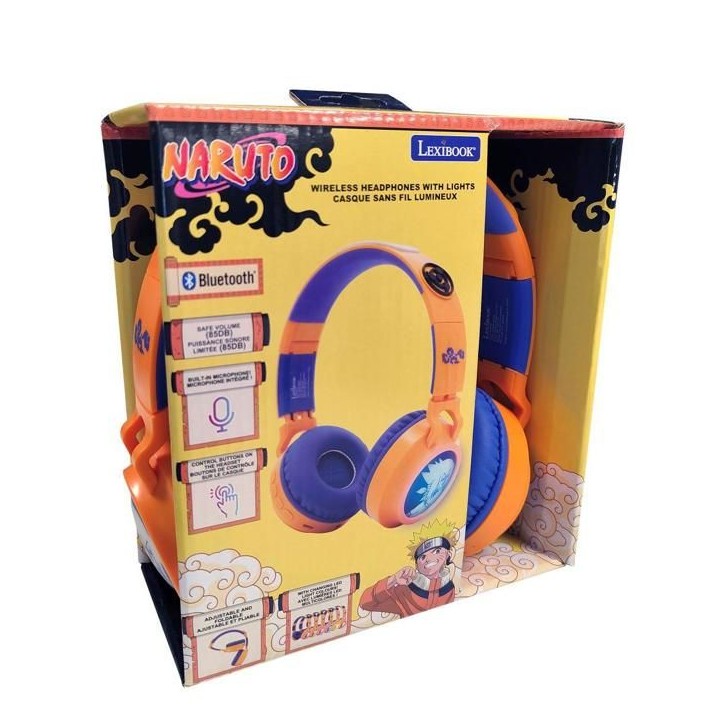 Casque pliable lumineux Bluetooth 5.3 Naruto 3D – Micro, filaire (jack), SD, volume limité 85 dB – Bleu (enfant)
