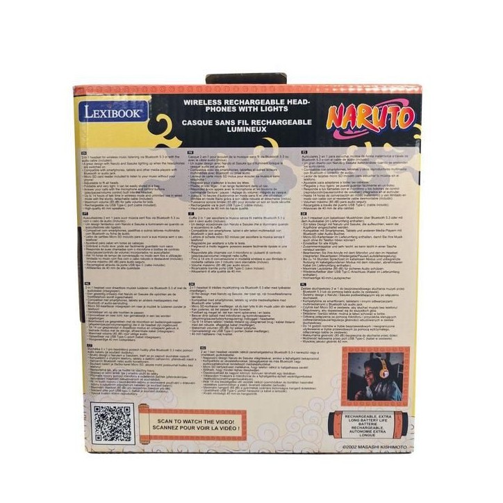 Casque pliable lumineux Bluetooth 5.3 Naruto 3D – Micro, filaire (jack), SD, volume limité 85 dB – Bleu (enfant)