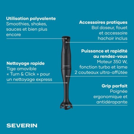 Mixeur plongeant 3-en1 - SEVERIN - SM3762 - 350 W - Pied amovible - Gobelet doseur 700 ml + Mini Hachoir + Fouet - Noir