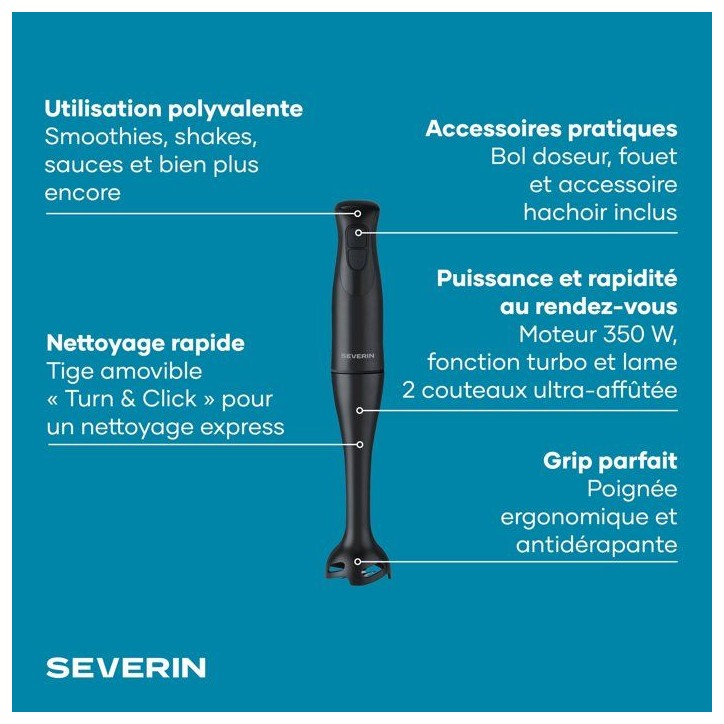 Mixeur plongeant 3-en1 - SEVERIN - SM3762 - 350 W - Pied amovible - Gobelet doseur 700 ml + Mini Hachoir + Fouet - Noir