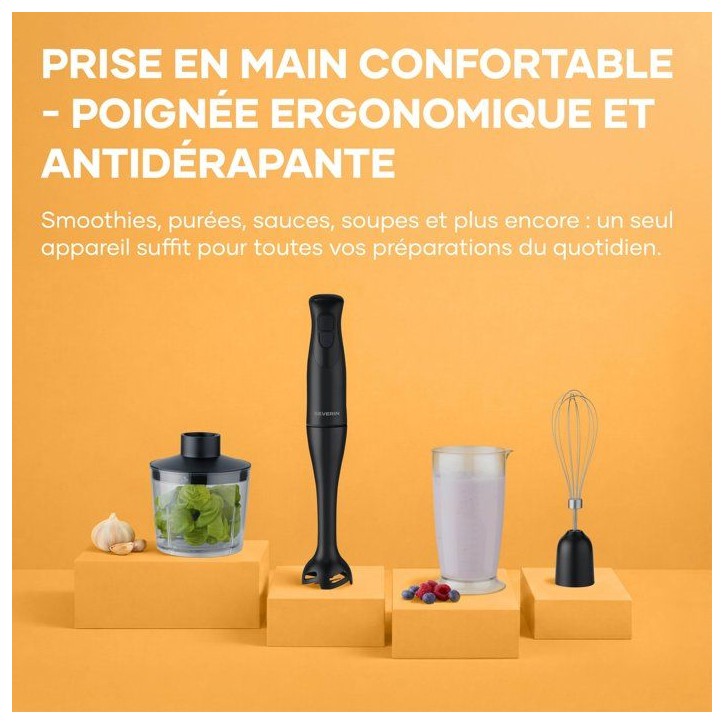 Mixeur plongeant 3-en1 - SEVERIN - SM3762 - 350 W - Pied amovible - Gobelet doseur 700 ml + Mini Hachoir + Fouet - Noir