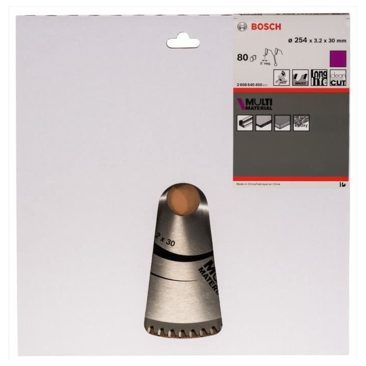 Lame de scie circulaire BOSCH 254 x 30 x 3,2 mm (80 dents) - Multimatériaux Lame de scie circulaire BOSCH 254 x 30 x 3,2 mm (80 dents) - Multimatériaux