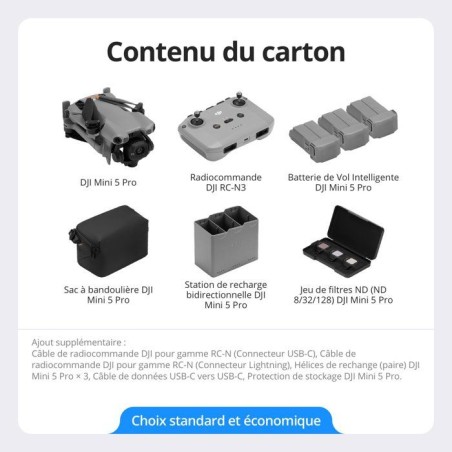 Drone caméra - DJI - Mini 5 Pro Fly More Combo DJI RC-N3 - Caméra CMOS 1 pouce - Détection d'obstacles omnidirectionnelle