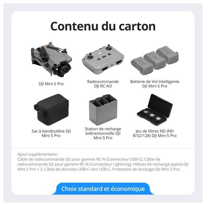 Drone caméra - DJI - Mini 5 Pro Fly More Combo DJI RC-N3 - Caméra CMOS 1 pouce - Détection d'obstacles omnidirectionnelle