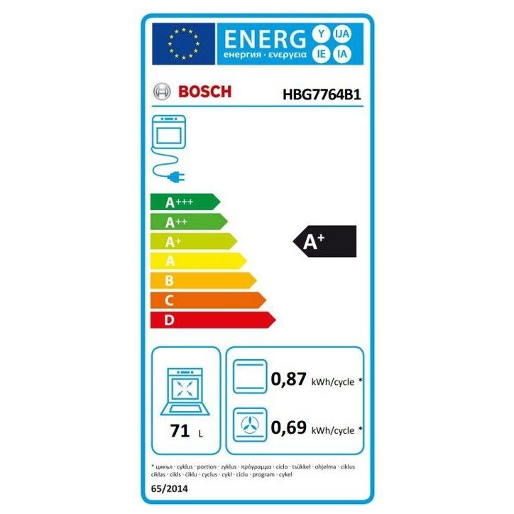 Four encastrable 60 cm - Pyrolyse + Hydrolyse - Bosch Serie 8 - HBG7764B1 - Classe énergie A+ - H 59,5 x L 59,4 xP 54,8 cm Four encastrable 60 cm - Pyrolyse + Hydrolyse - Bosch Serie 8 - HBG7764B1 - Classe énergie A+ - H 59,5 x L 59,4 xP 54,8 cm