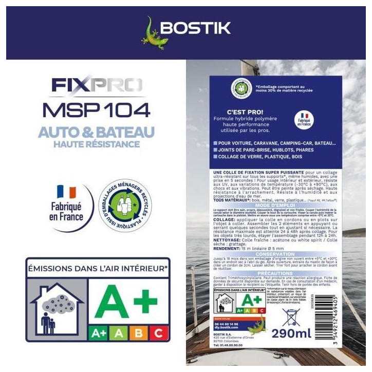 Mastic auto/bateau - BOSTIK - Fixpro MSP 104 - Colle et joint - Résiste intempéries et eau de mer - Noir - 290 ml Mastic auto/bateau - BOSTIK - Fixpro MSP 104 - Colle et joint - Résiste intempéries et eau de mer - Noir - 290 ml